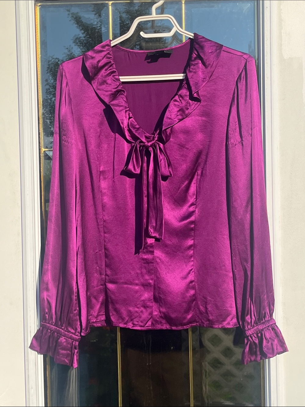 Alfani Purple Silk Ruffle Tie-Neck Blouse